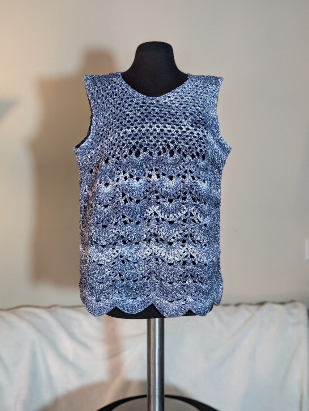 Unique Handmade Crochet Tank Top Sweater In Ombre Blue Colorway